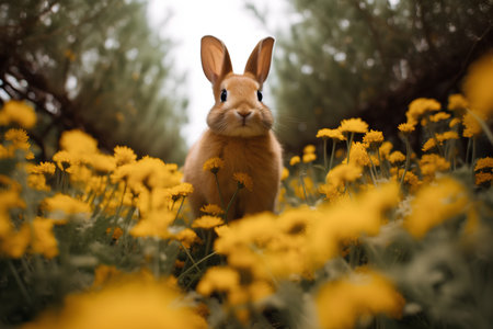 Cute red rabbit on a meadow with yellow dandelionsの素材