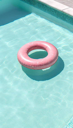 Pink inflatable ring floating in swimming pool, summer vacation concept.の素材