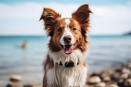 Portrait of a red and white border collie dog on the beachの素材