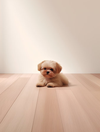 Cute little puppy sitting on wooden floor and looking at camera.の素材