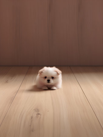 Cute Pomeranian puppy sitting on wooden floor in room.の素材