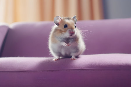 Cute hamster sitting on sofa and looking at camera at homeの素材