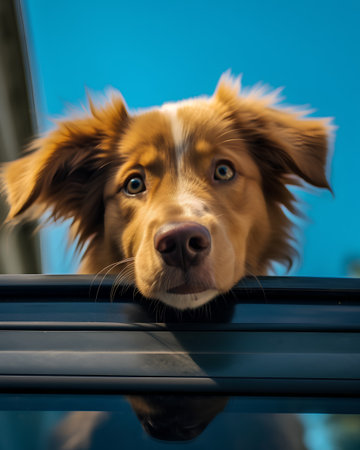 Portrait of Nova Scotia Duck Tolling Retriever looking out of car windowの素材