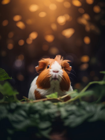 Guinea pig with green leaves on bokeh light background.の素材