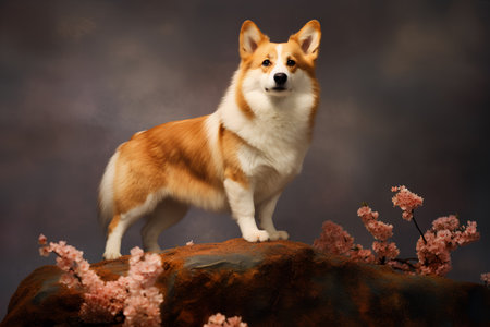 The Welsh Corgi Pembroke standing on a rockの素材