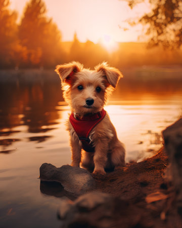 Cute puppy playing on the river bank at sunset. Pet concept.の素材