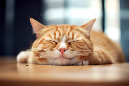 Cute ginger cat sleeping on the wooden floor. Shallow depth of field.の素材