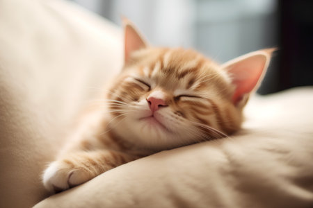 Cute ginger kitten sleeping on a sofa. Selective focus.の素材