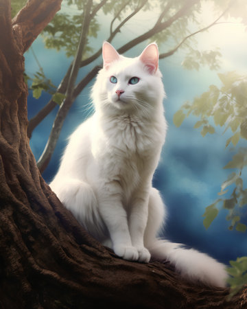 Beautiful white cat sitting on the tree in the summer forest.の素材