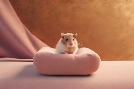 Cute hamster sitting on a pink pillow. Studio shot.の素材