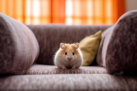Cute hamster sitting on sofa and looking at the camera.の素材