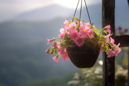 Beautiful flowers in pot hanging on the balcony with mountain background.の素材