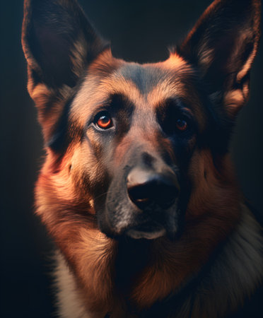 Portrait of a beautiful german shepherd dog on a dark backgroundの素材