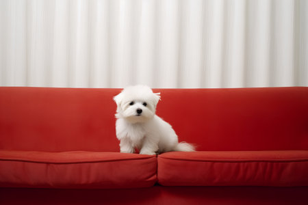 White Maltese puppy sitting on a red sofa in a living roomの素材