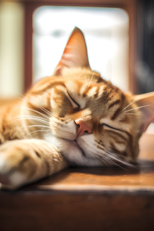 Cute ginger cat sleeping on a wooden table. Selective focus.の素材