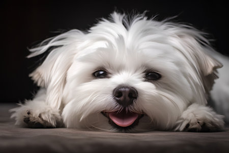 Portrait of a cute Maltese dog lying on a brown backgroundの素材