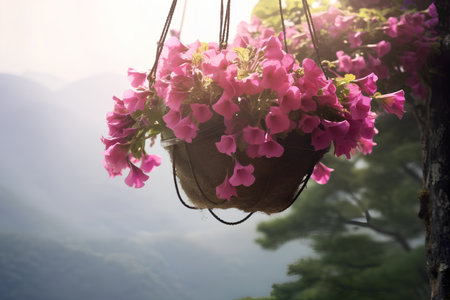 Flowers in basket hanging on the tree,vintage color toneの素材
