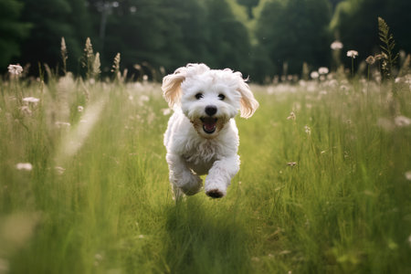 Cute white dog running in the green field on summer day.の素材