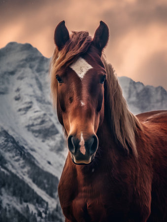 Horse in the mountains. Portrait of a horse on a background of mountains.の素材
