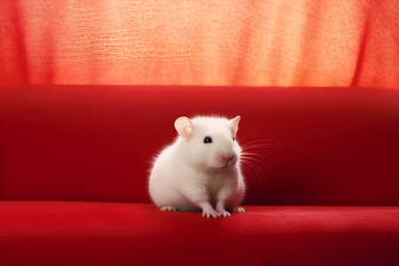 White domestic rat sitting on a red sofa with red curtains in the backgroundの素材