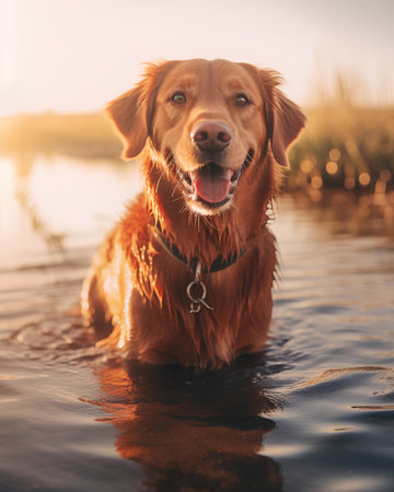 Happy Retriever dog swims in the lake at sunset.の素材