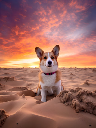 Welsh corgi dog sitting on the sand in the desert at sunsetの素材