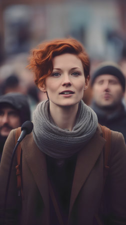 Portrait of a red-haired girl with a backpack on the streetの素材