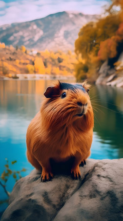 Cute guinea pig sitting on a rock by the lake.の素材