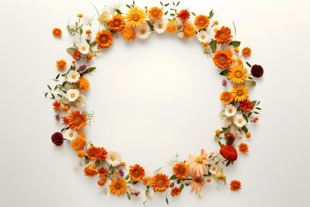 Round frame made of autumn flowers on white background. Flat lay, top view.の素材