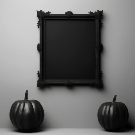 Black frame with pumpkins on a gray wall. 3d renderingの素材