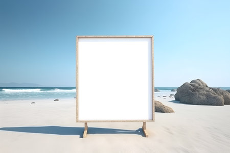 Blank menu board on the sand beach with blue sky background.の素材
