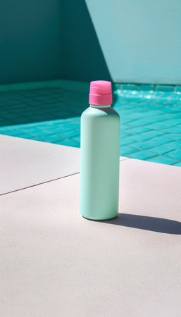 Mockup of a green bottle of shampoo on the edge of a swimming poolの素材