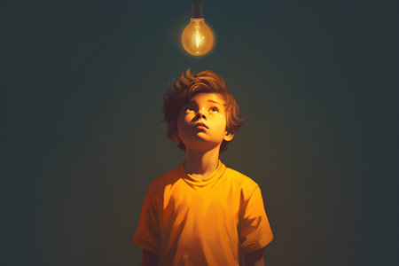 Little boy looking at lightbulb above his head. Idea conceptの素材