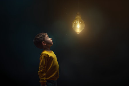 Little boy looking at glowing light bulb above his head on dark backgroundの素材