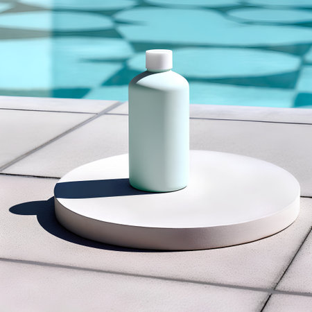 3d render of cosmetic bottle on white podium in swimming pool backgroundの素材