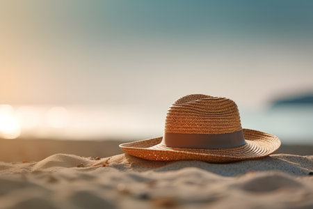 Summer hat on the beach at sunset. Vacation and travel conceptの素材