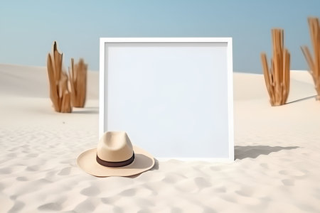 Blank photo frame with straw hat on the sand in the desertの素材
