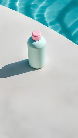 3d rendering of a bottle of cream on the sand by the poolの素材