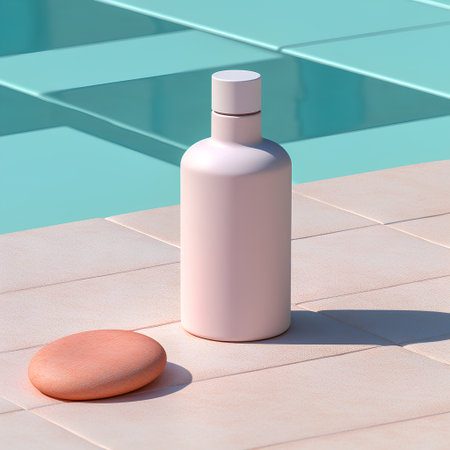3d render of cosmetic bottle on the background of the swimming poolの素材