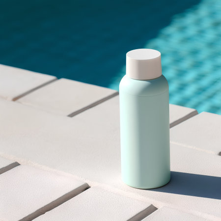 Blank white cosmetic bottle on swimming pool background. Mock up, 3D Renderingの素材