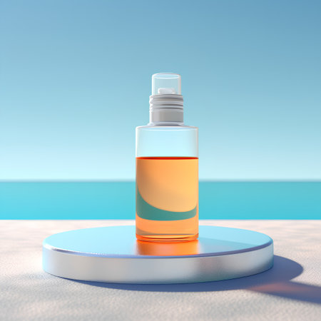 Cosmetic cream bottle on white podium. 3d render illustration.の素材