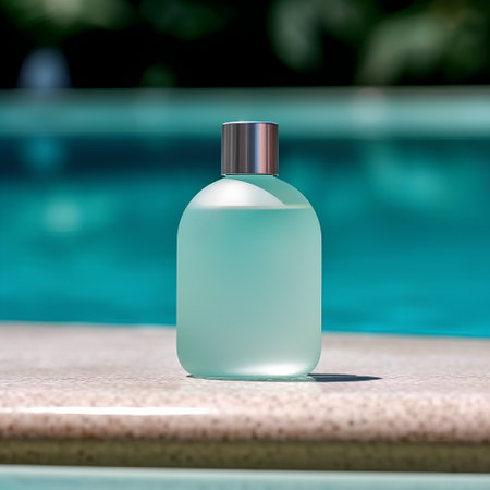 Cosmetic bottle on the background of a swimming pool. 3d renderingの素材