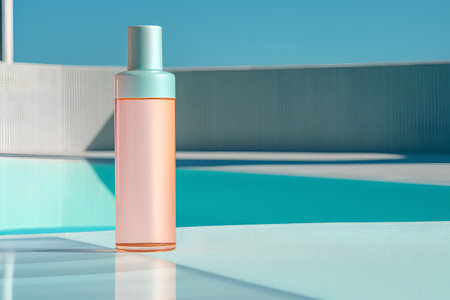 Cosmetic bottle on a swimming pool background. 3D rendering.の素材