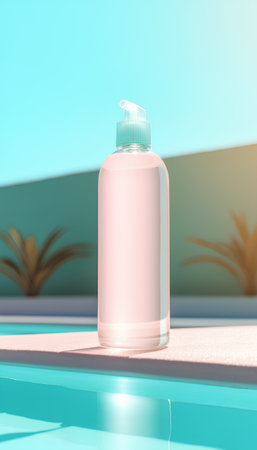 3d render of cosmetic bottle on the background of a swimming poolの素材