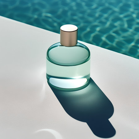3d render of a bottle of perfume on a swimming pool backgroundの素材
