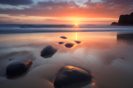 Beautiful seascape with stones at sunset. Nature composition.の素材