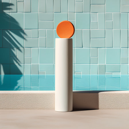 3d render of white podium with orange tube on the background of blue tile wall.の素材
