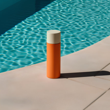 Orange plastic bottle on the edge of a swimming pool. 3d renderingの素材
