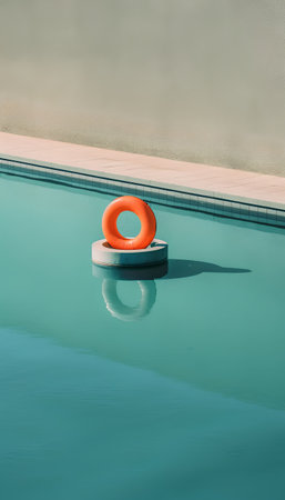 Swimming pool with orange lifebuoy and swimming pool wall on backgroundの素材