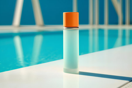 Cosmetic bottle on the background of a swimming pool. 3d renderingの素材